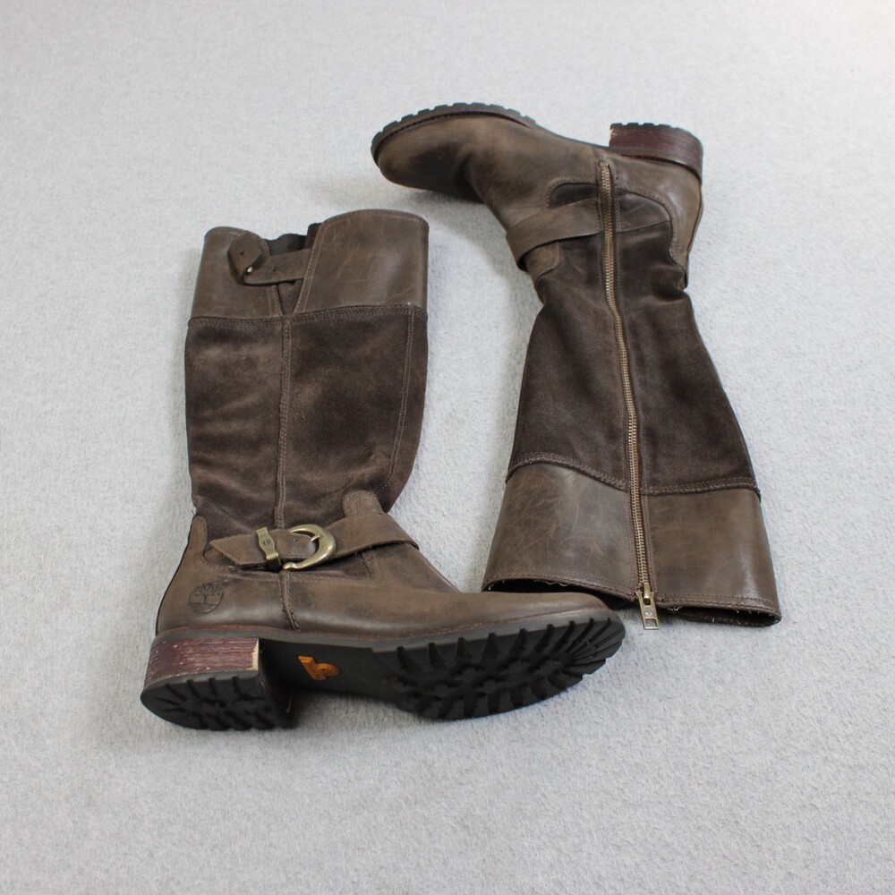 Timberland Knee High Boots Women 8 Brown Leather Suede Harness Buckle Zipper Y2K